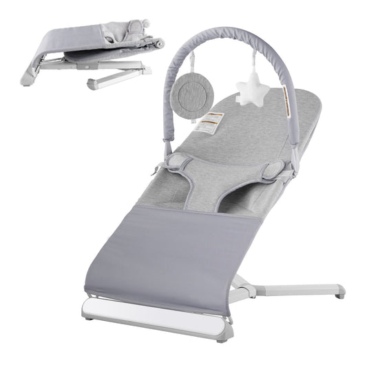 Baby Bouncer, Folding Bouncer Seat For Babies 0-9 Months, Newborn Bouncer Chair With 2 Reclining Angles & Rotatable Toy Bar, Portable Infant Rocker With Travel Bag For Indoor Outdoor, Light Gray